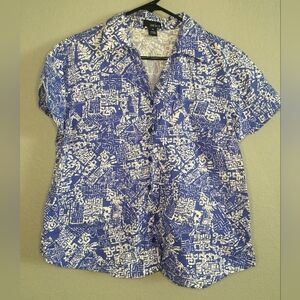 Abstract Blue and White Button Down Shirt